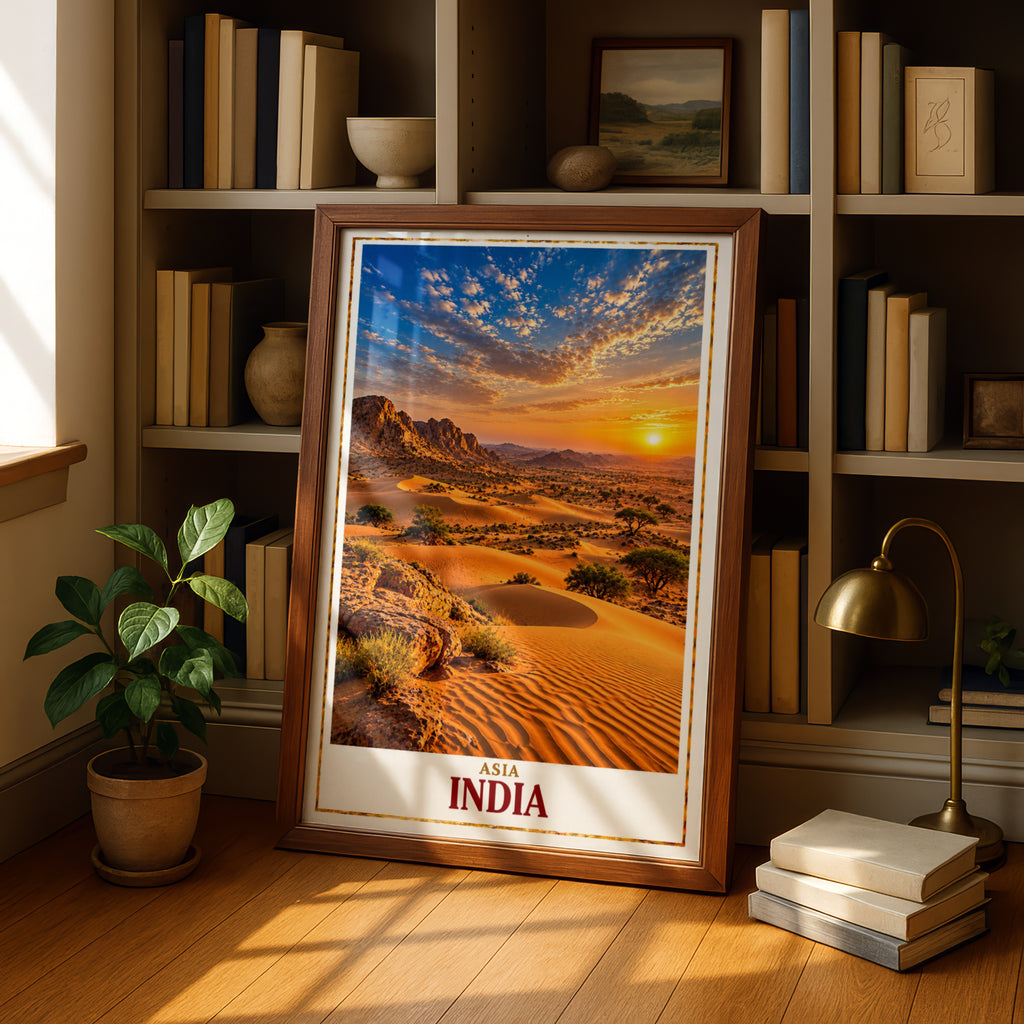 India Desert Sunset Poster, Thar Desert Rajasthan Wall Art, Golden Sand Dunes Travel Print, India Travel Poster, Asian Landscape Decor