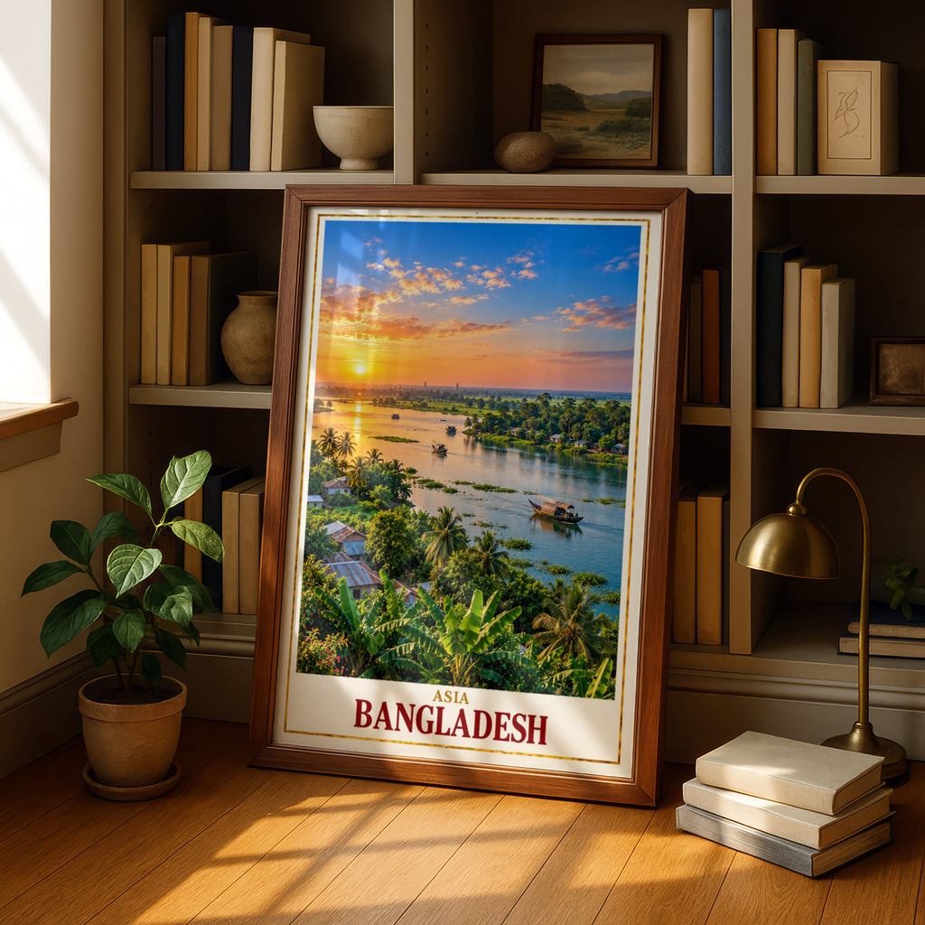 Bangladesh Travel Poster, River Sunset Wall Art, South Asia Tropical Landscape Print, Bengali Home Decor, Boat Scene, Golden Sky