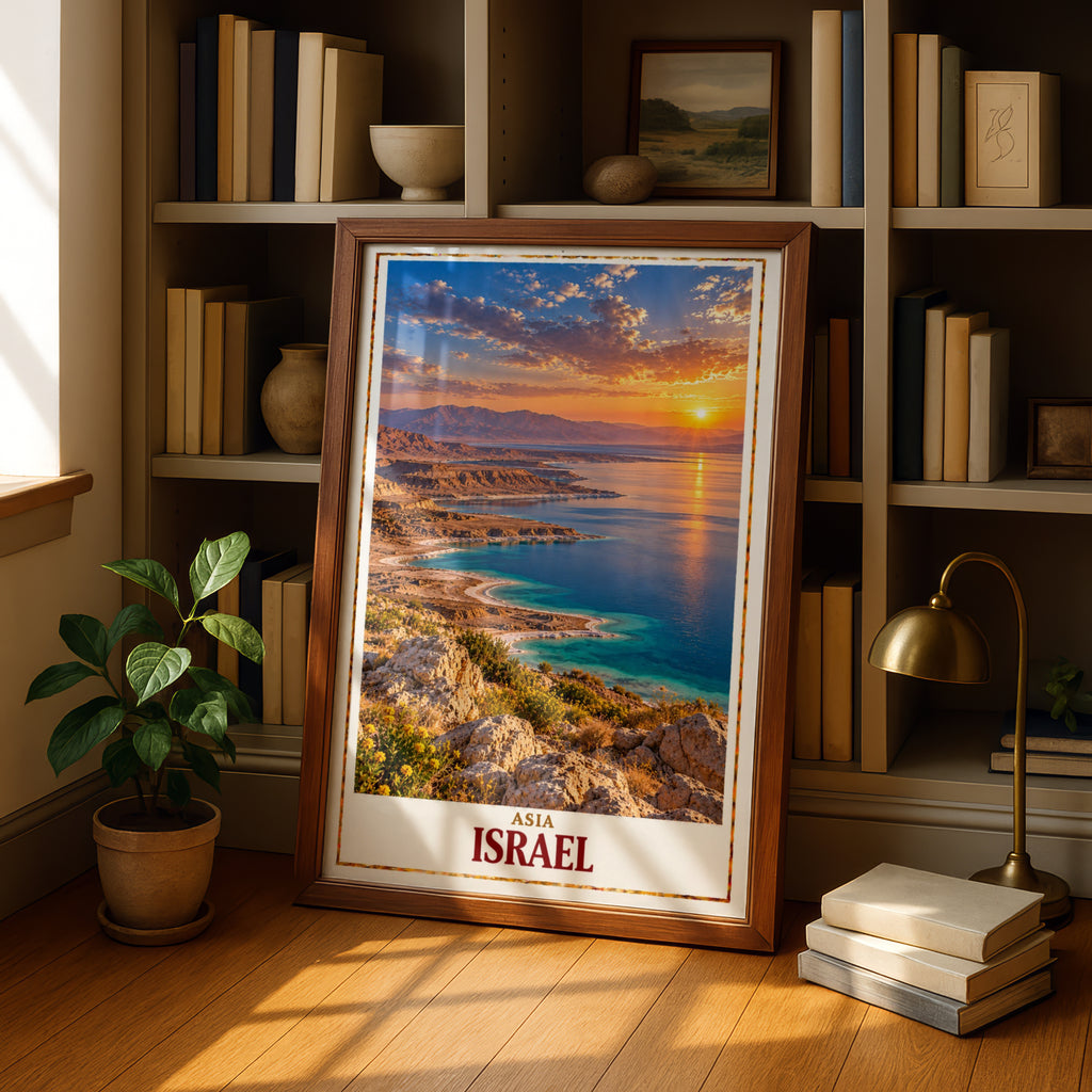 Israel Travel Poster, Dead Sea Sunset Wall Art, Middle East Landscape Print, Desert Coastline, Blue Water, Gift for Traveller, Home Decor