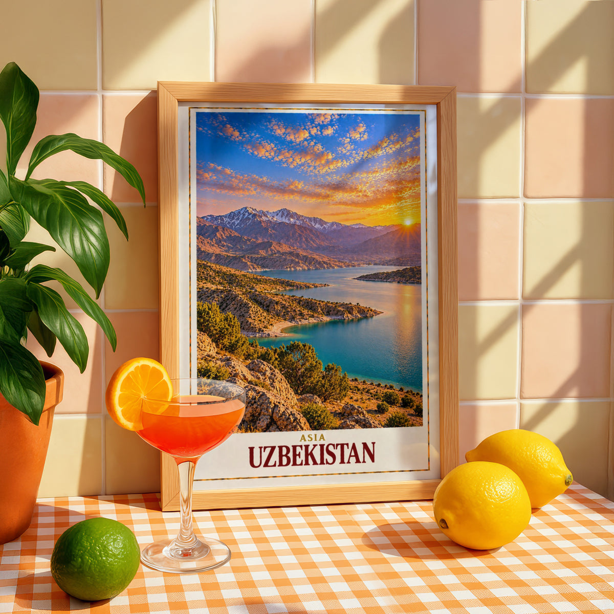 Uzbekistan Travel Poster, Central Asia Mountain Lake Sunset Wall Art, Silk Road Landscape Print, Adventure Home Decor Gift for Travellers