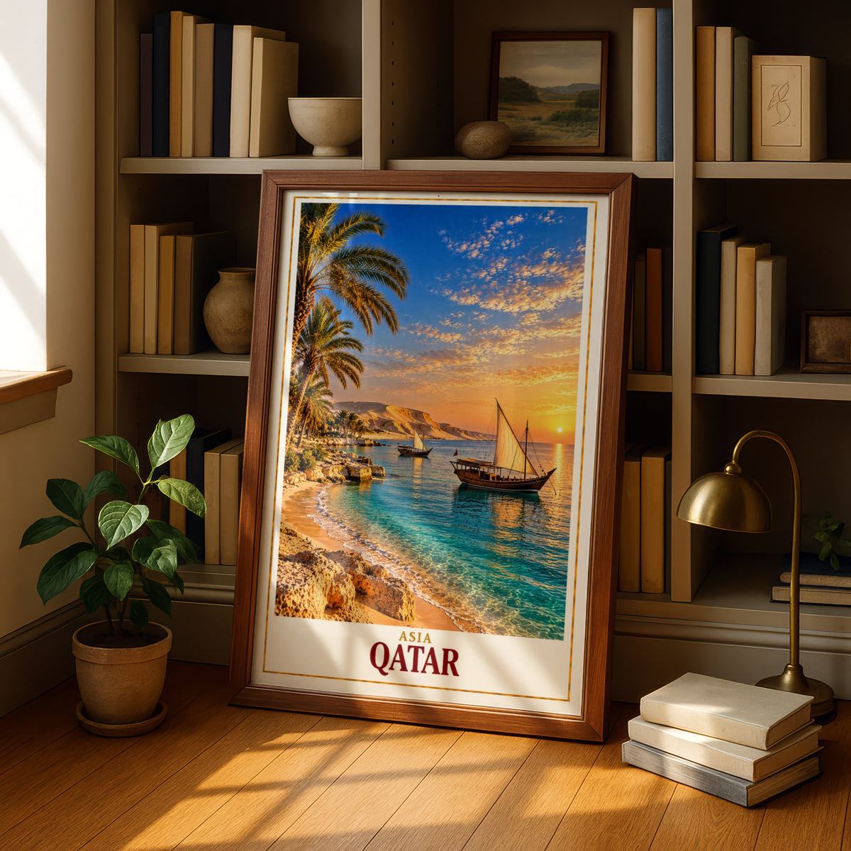 Qatar Travel Poster, Arabian Gulf Dhow Sunset Wall Art, Middle East Beach Print, Palm Tree Coastal Decor, Doha Gift Poster