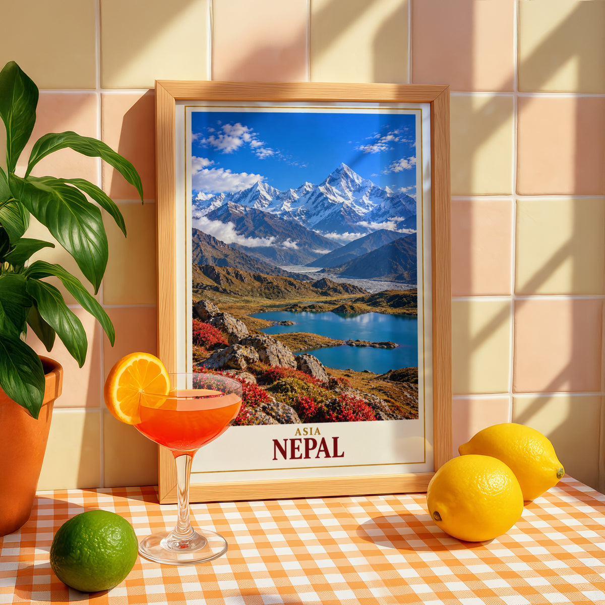 Nepal Travel Poster, Himalayan Mountain Lake Print, Asia Wall Art, Snow Capped Peaks Landscape, Trekking Gift, Adventure Home Decor Poster