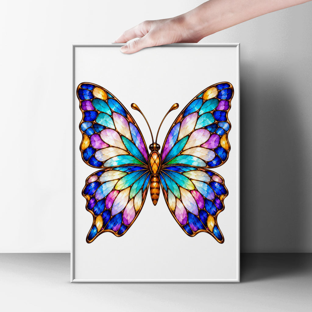 Stained Glass Butterfly Poster, Colourful Butterfly Wall Art, Blue Purple Gold Wings Print, Boho Bedroom Decor, Nature Lover Gift Poster
