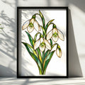 Snowdrop Flower Stained Glass Style Poster, Botanical Wall Art, Spring Floral Print, Green White Galanthus Art Nouveau Home Decor Gift