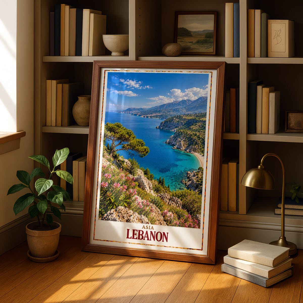 Lebanon Travel Poster, Mediterranean Coast Wall Art, Middle East Print, Turquoise Sea Coastal Landscape, Living Room Decor Gift