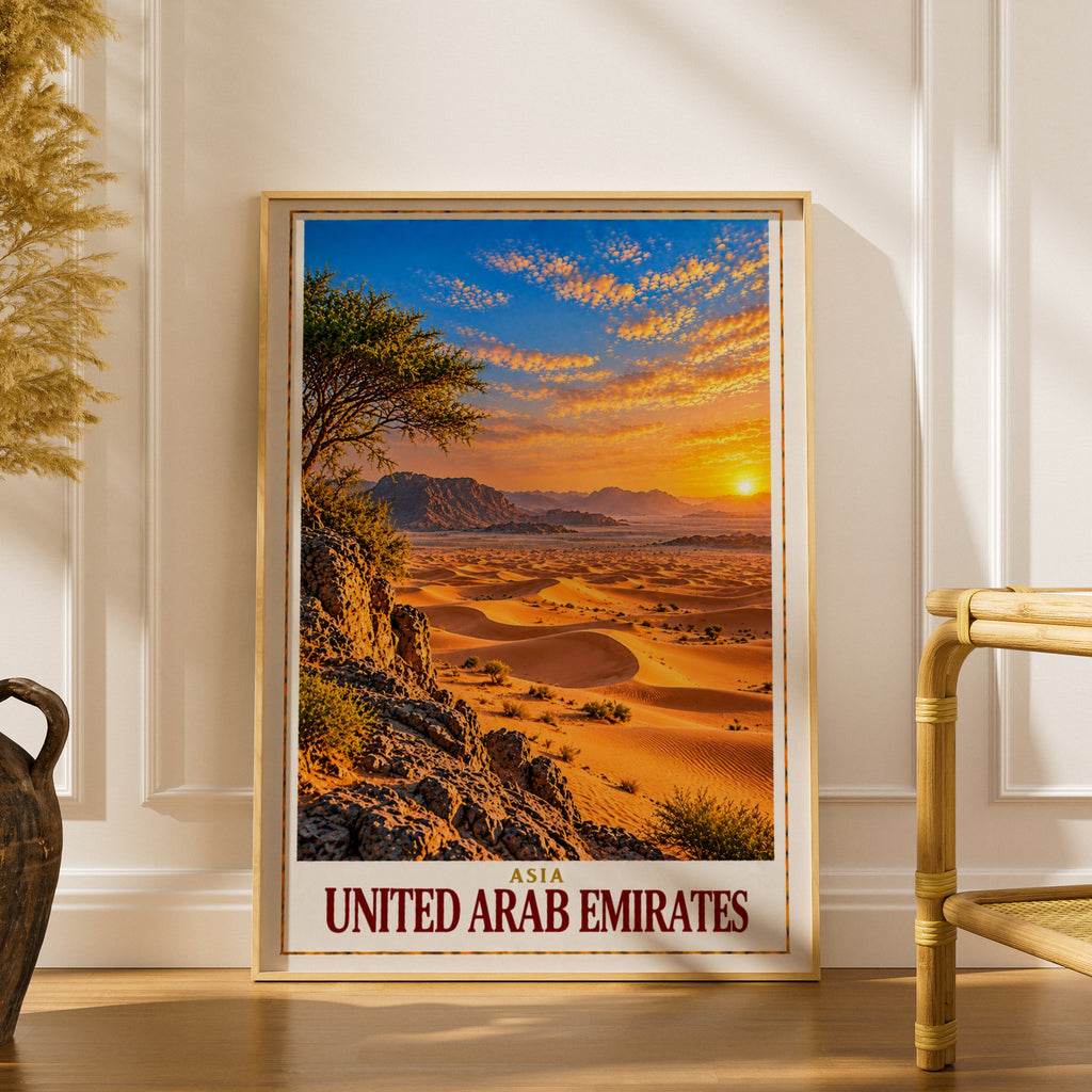United Arab Emirates Travel Poster, UAE Desert Sunset Wall Art, Sand Dunes Print, Middle East Landscape, Dubai Abu Dhabi Decor Gift