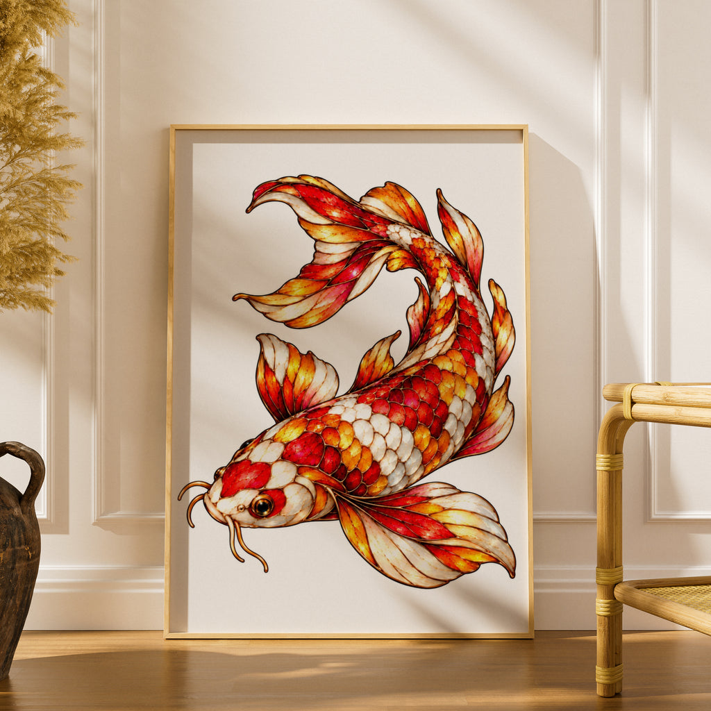 Koi Fish Poster, Red Gold Japanese Carp Wall Art, Ornate Koi Print, Asian Luck Symbol, Feng Shui Decor, Maximalist Living Room Poster
