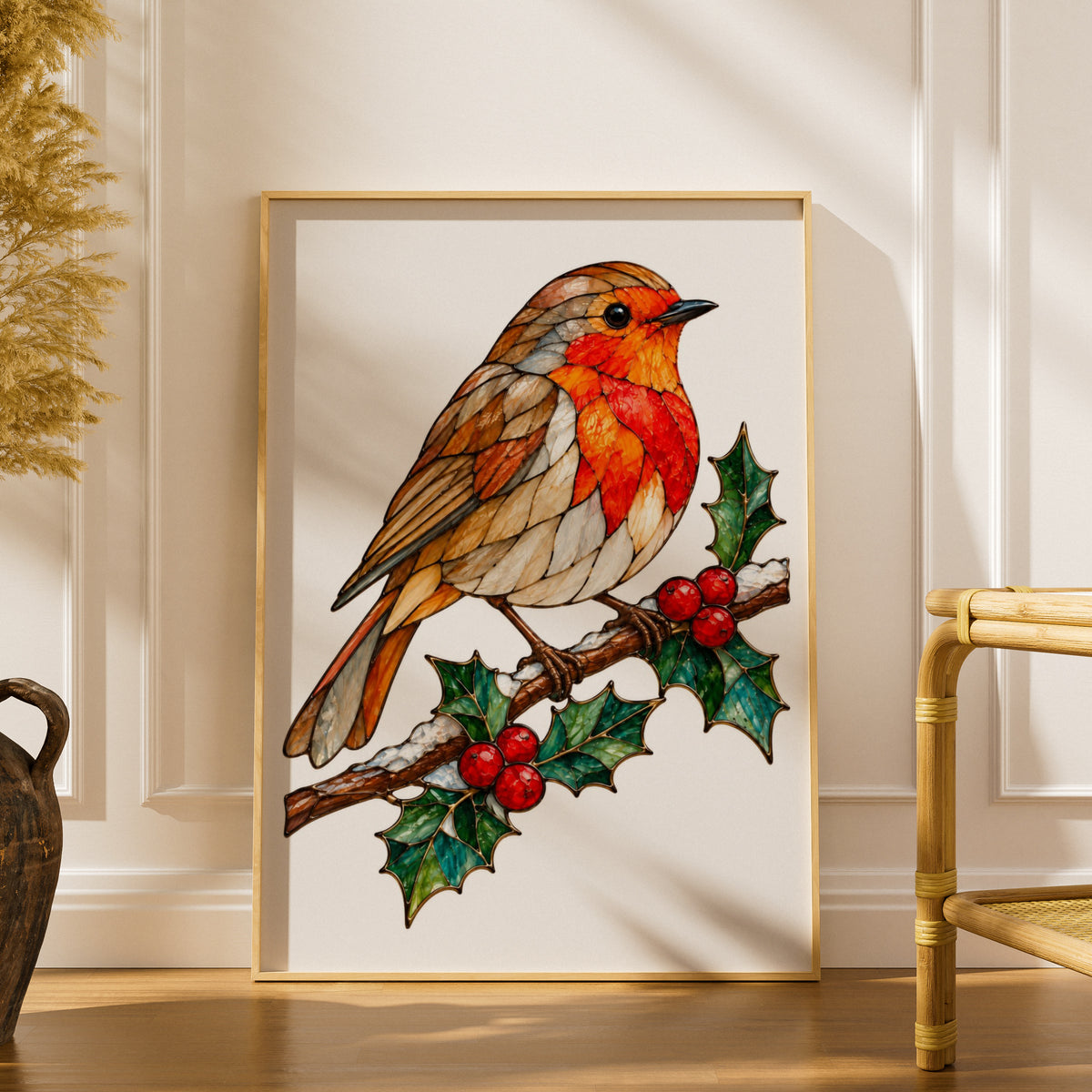 Robin on Holly Branch Stained Glass Style Poster, Christmas Robin Wall Art, Festive Bird Print, Traditional British Wildlife Decor