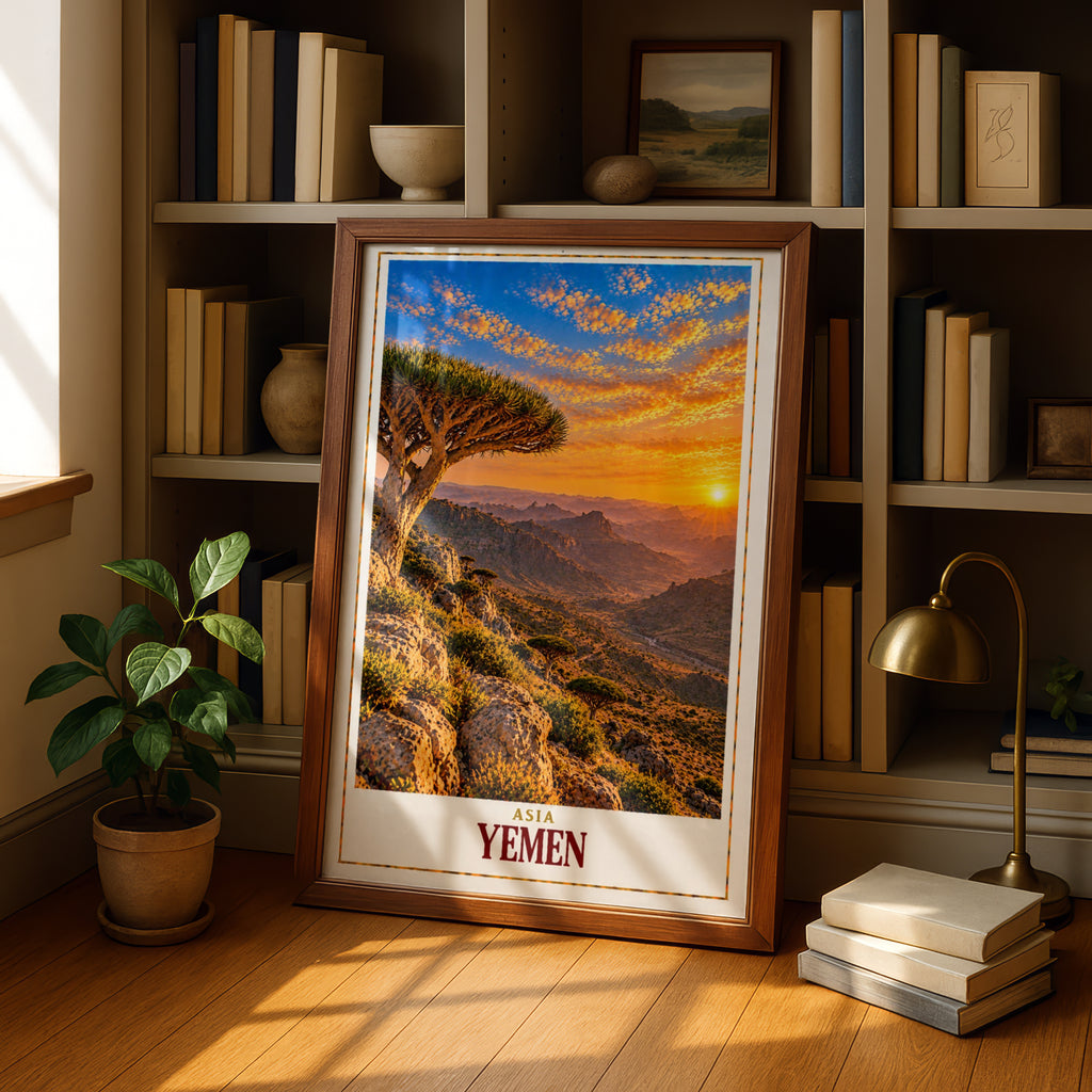 Yemen Travel Poster, Socotra Dragon Blood Tree Sunset Print, Middle East Wall Art, Arabian Landscape, Exotic Nature Decor, Asia Map Gift