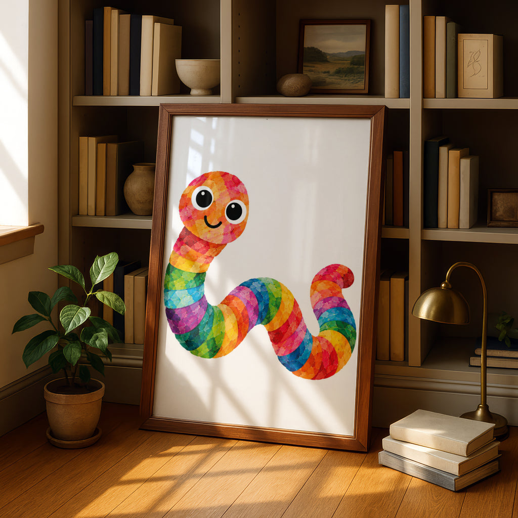 Rainbow Worm Poster, Colourful Cute Worm Wall Art, Kids Bedroom Print, Bright Nursery Decor, Fun Children's Animal Poster, Playroom Art