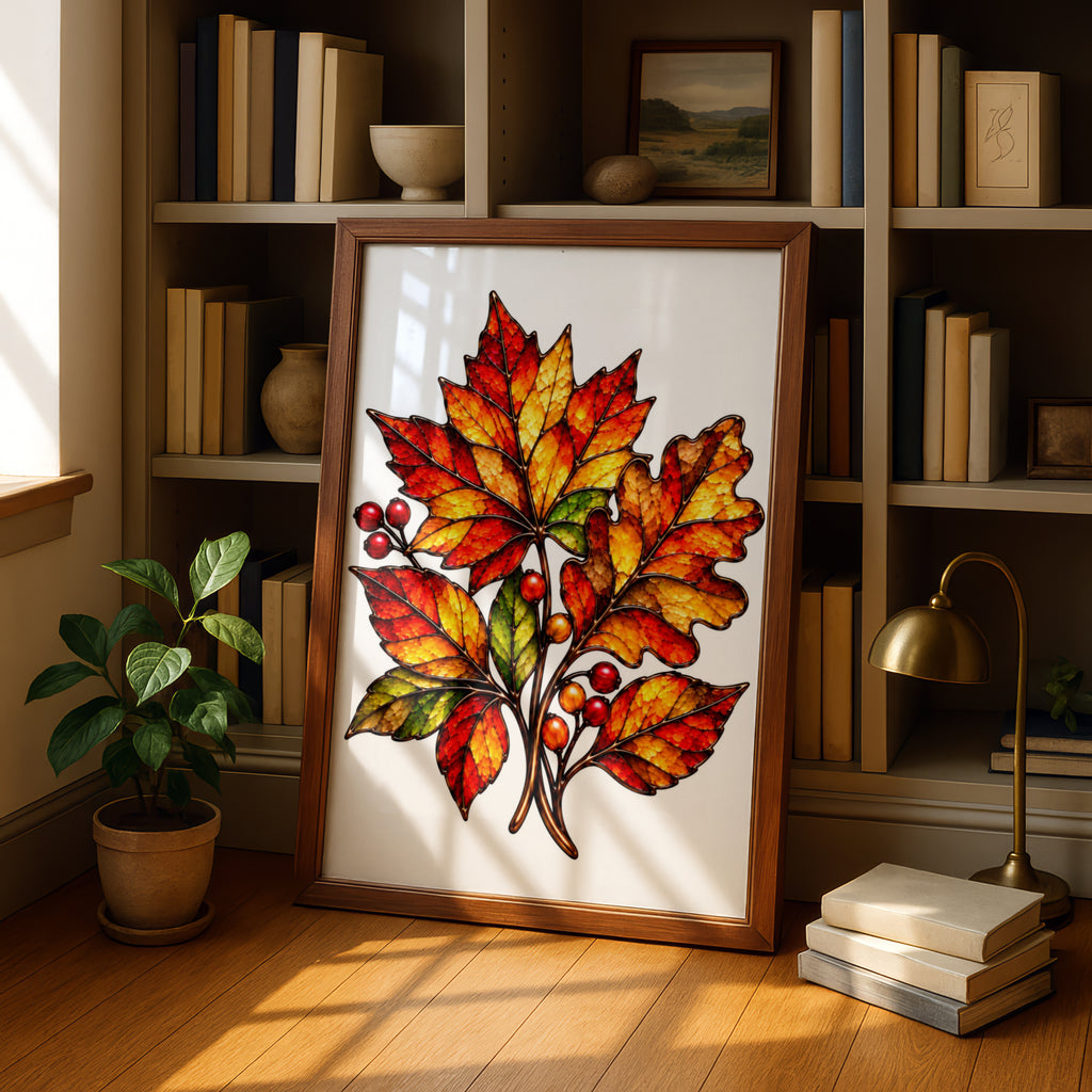 Autumn Leaves Stained Glass Style Poster, Fall Botanical Wall Art, Red Orange Gold Leaf Print, Seasonal Nature Decor, Living Room Art