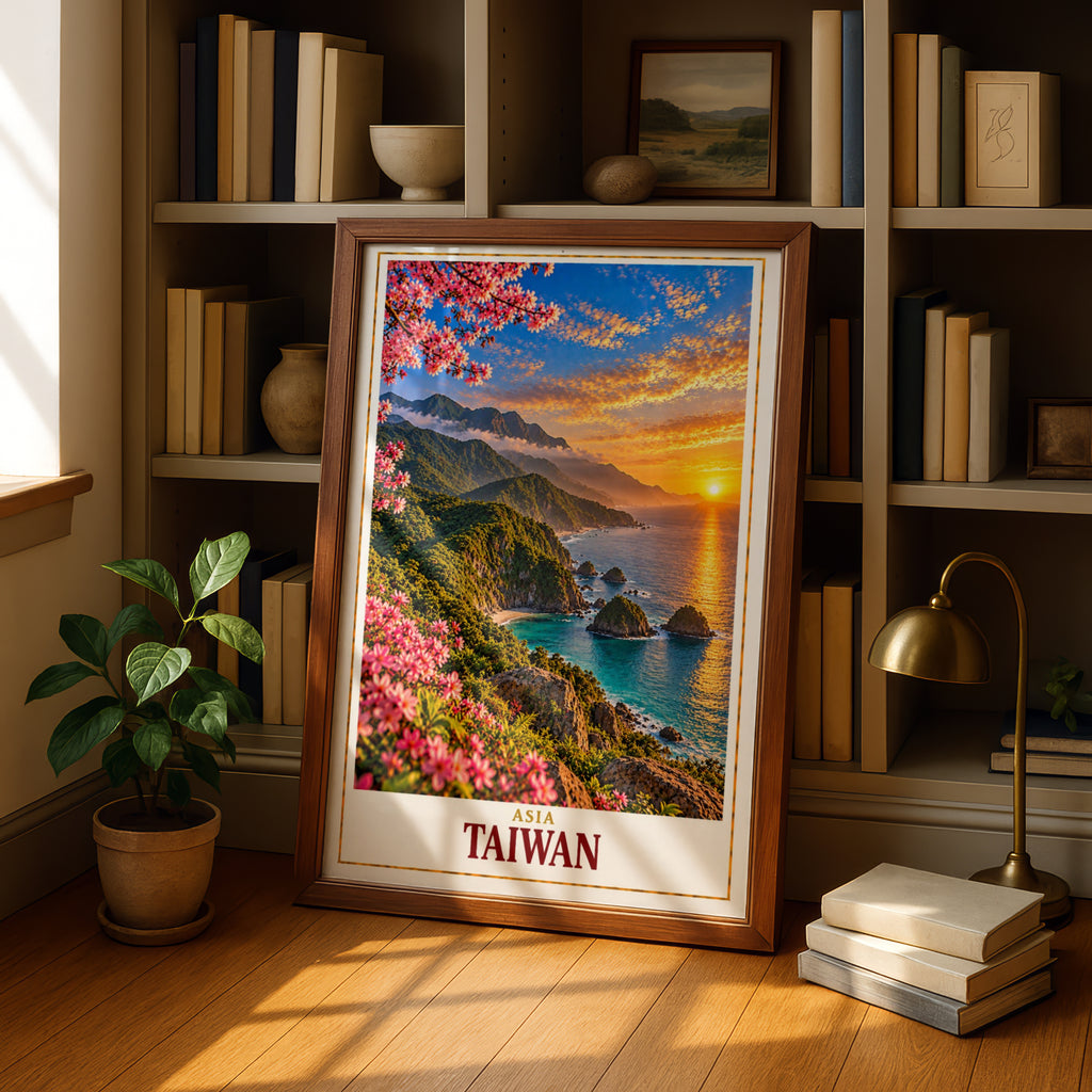 Taiwan Travel Poster, Asia Coastal Sunset Wall Art, Cherry Blossom Mountain Landscape Print, Turquoise Sea Cliffs Home Decor Gift