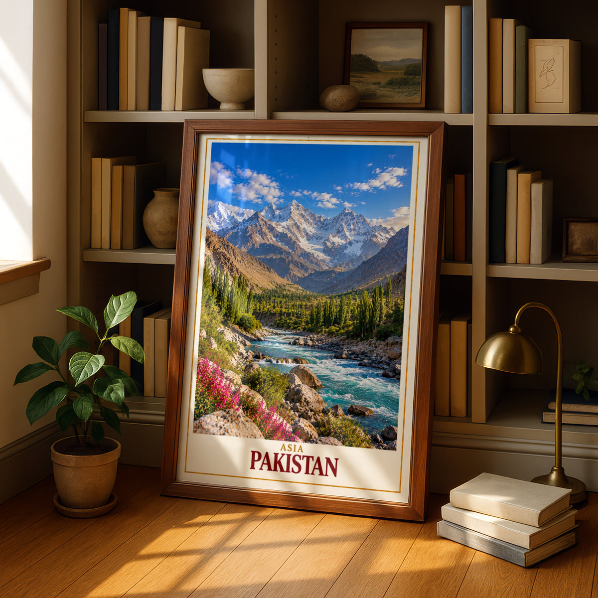 Pakistan Travel Poster, Karakoram Mountain Valley Wall Art, Turquoise River Landscape Print, Asian Adventure Home Decor Gift