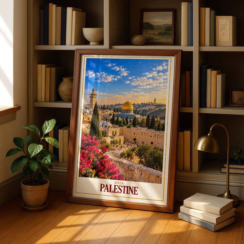 Palestine Travel Poster, Jerusalem Dome of the Rock Wall Art, Old City Print, Middle East Cityscape, Islamic Architecture Home Decor Gift