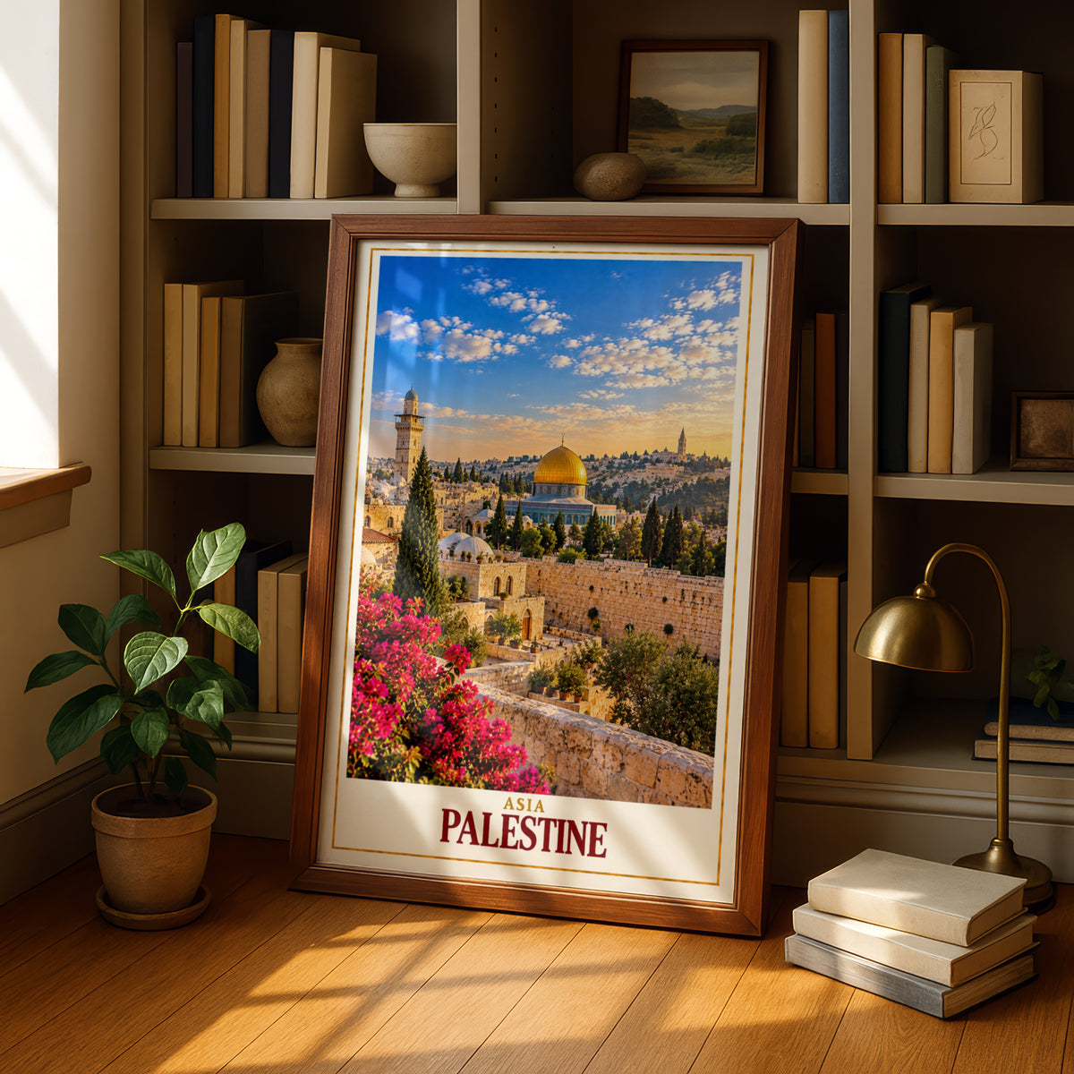 Palestine Travel Poster, Jerusalem Dome of the Rock Wall Art, Old City Print, Middle East Cityscape, Islamic Architecture Home Decor Gift