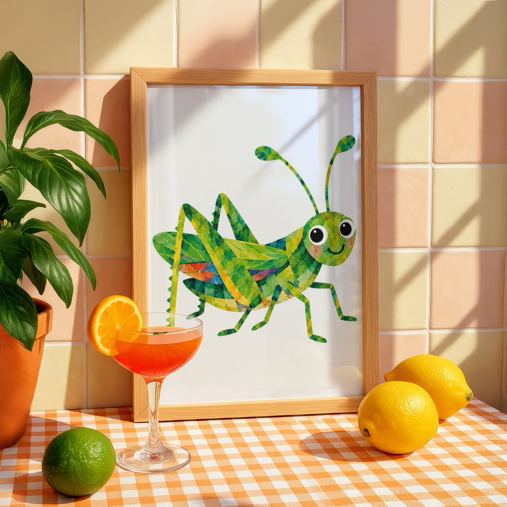Colourful Grasshopper Poster, Cute Bug Wall Art for Kids, Children's Room Insect Print, Bright Green Collage Style Nursery Decor