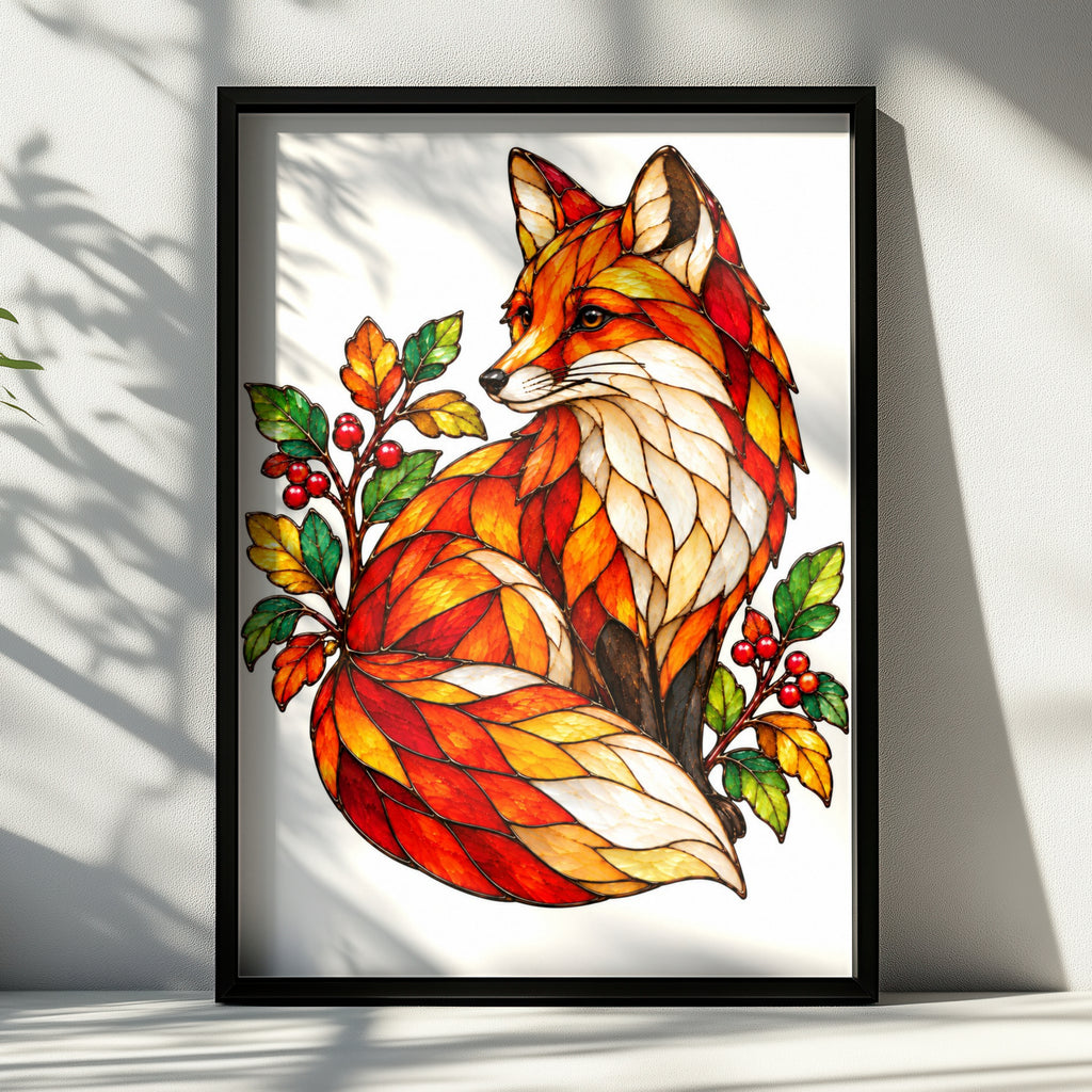 Stained Glass Fox Poster, Autumn Wildlife Wall Art, Red Orange Fox Print, Botanical Berry Decor, Nature Lover Gift, Living Room Art Poster