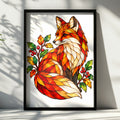 Stained Glass Fox Poster, Autumn Wildlife Wall Art, Red Orange Fox Print, Botanical Berry Decor, Nature Lover Gift, Living Room Art Poster