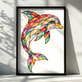 Colourful Dolphin Poster, Stained Glass Style Ocean Wall Art, Mosaic Marine Animal Print, Coastal Home Decor, Rainbow Sea Life Gift
