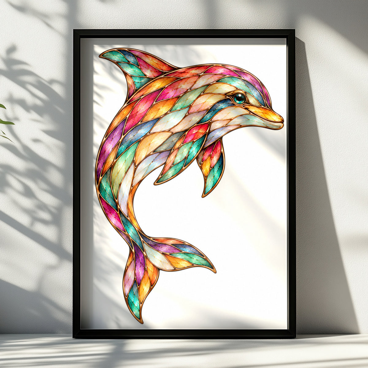 Colourful Dolphin Poster, Stained Glass Style Ocean Wall Art, Mosaic Marine Animal Print, Coastal Home Decor, Rainbow Sea Life Gift