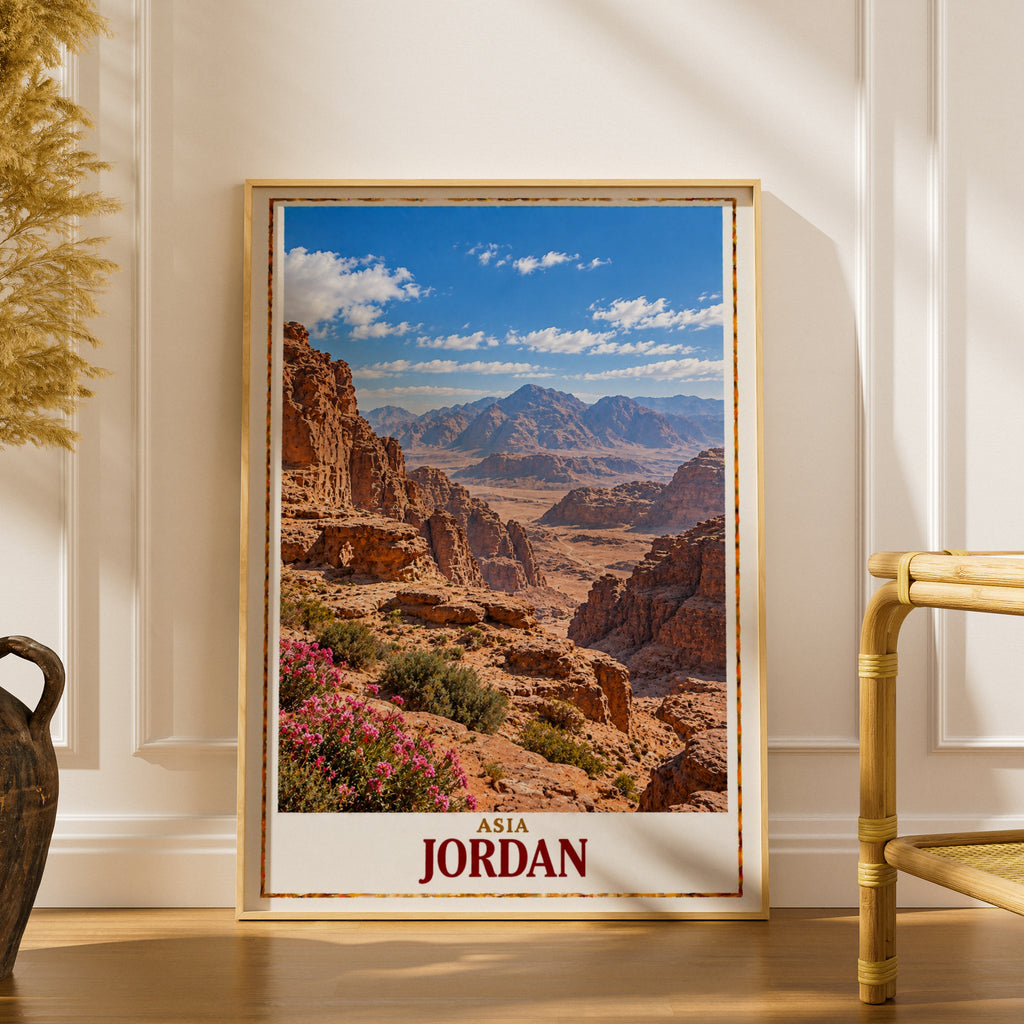 Jordan Travel Poster, Wadi Rum Desert Landscape Print, Middle East Wall Art, Red Rock Canyon, Adventure Travel Gift, Living Room Decor