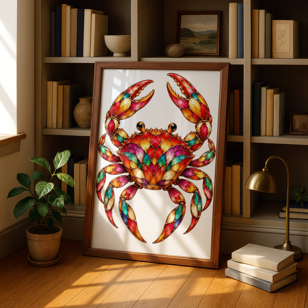 Colourful Crab Poster, Stained Glass Style Wall Art, Vibrant Ocean Print, Coastal Home Decor, Nautical Gift, Sea Life Art Print