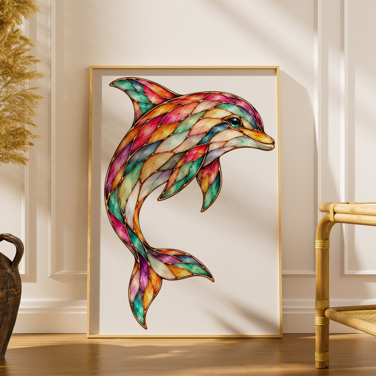 Colourful Dolphin Poster, Stained Glass Style Ocean Wall Art, Mosaic Marine Animal Print, Coastal Home Decor, Rainbow Sea Life Gift
