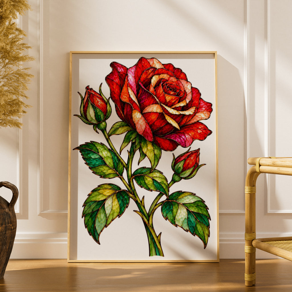 Stained Glass Red Rose Poster, Botanical Floral Wall Art, Rose Bud Print, Living Room Bedroom Decor, Vibrant Flower Illustration Poster