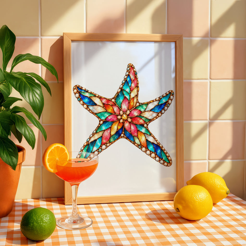Stained Glass Starfish Poster, Jewelled Sea Star Art Print, Colourful Coastal Wall Art, Ocean Bathroom Decor, Nautical Beach House Print