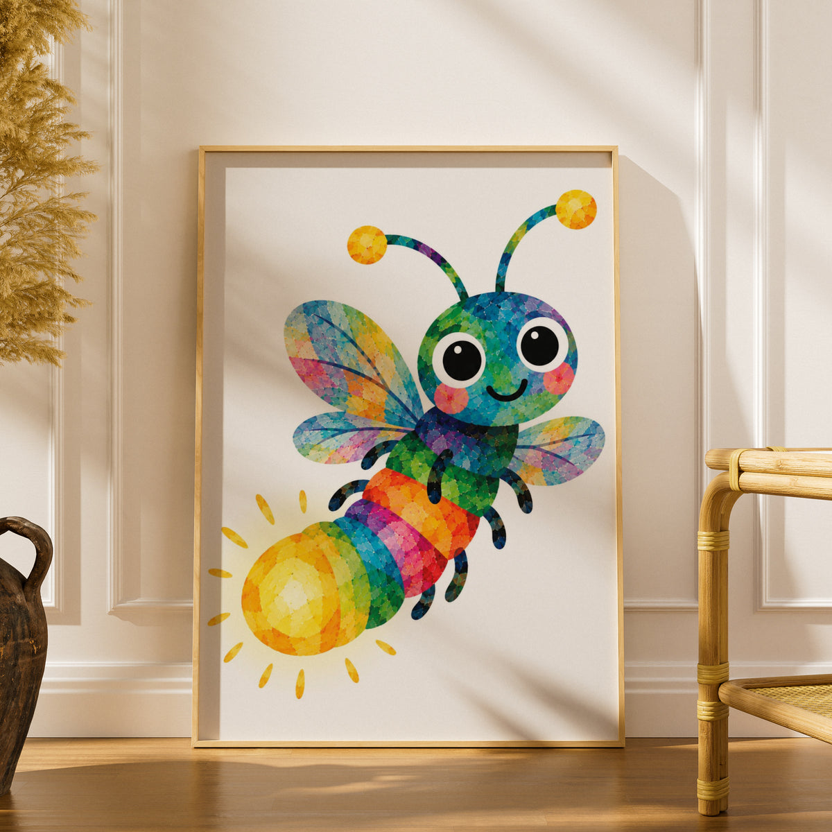 Rainbow Bee Poster, Colourful Cute Bug Children's Wall Art, Kids Bedroom Print, Nursery Decor, Bright Mosaic Bumble Bee Poster for Playroom