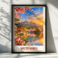 South Korea Travel Poster, Korean Pavilion Cherry Blossom Wall Art, Asia Sunset Landscape Print, Seoul Inspired Home Decor Gift