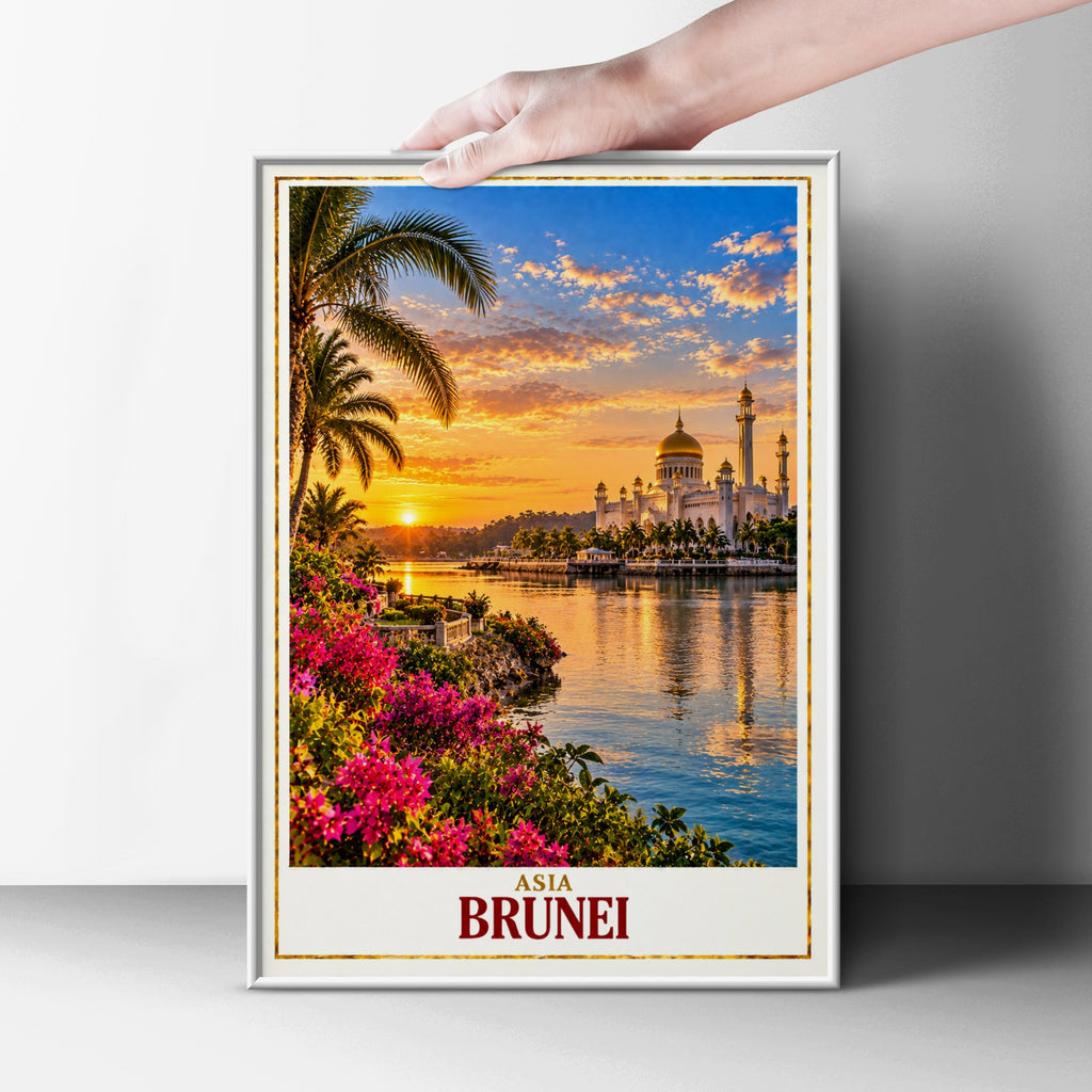 Brunei Travel Poster, Omar Ali Saifuddien Mosque Wall Art, Southeast Asia Sunset Print, Bandar Seri Begawan Decor, Golden Dome Mosque Poster