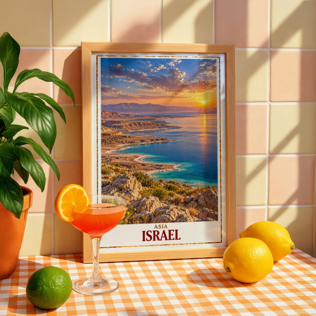 Israel Travel Poster, Dead Sea Sunset Wall Art, Middle East Landscape Print, Desert Coastline, Blue Water, Gift for Traveller, Home Decor