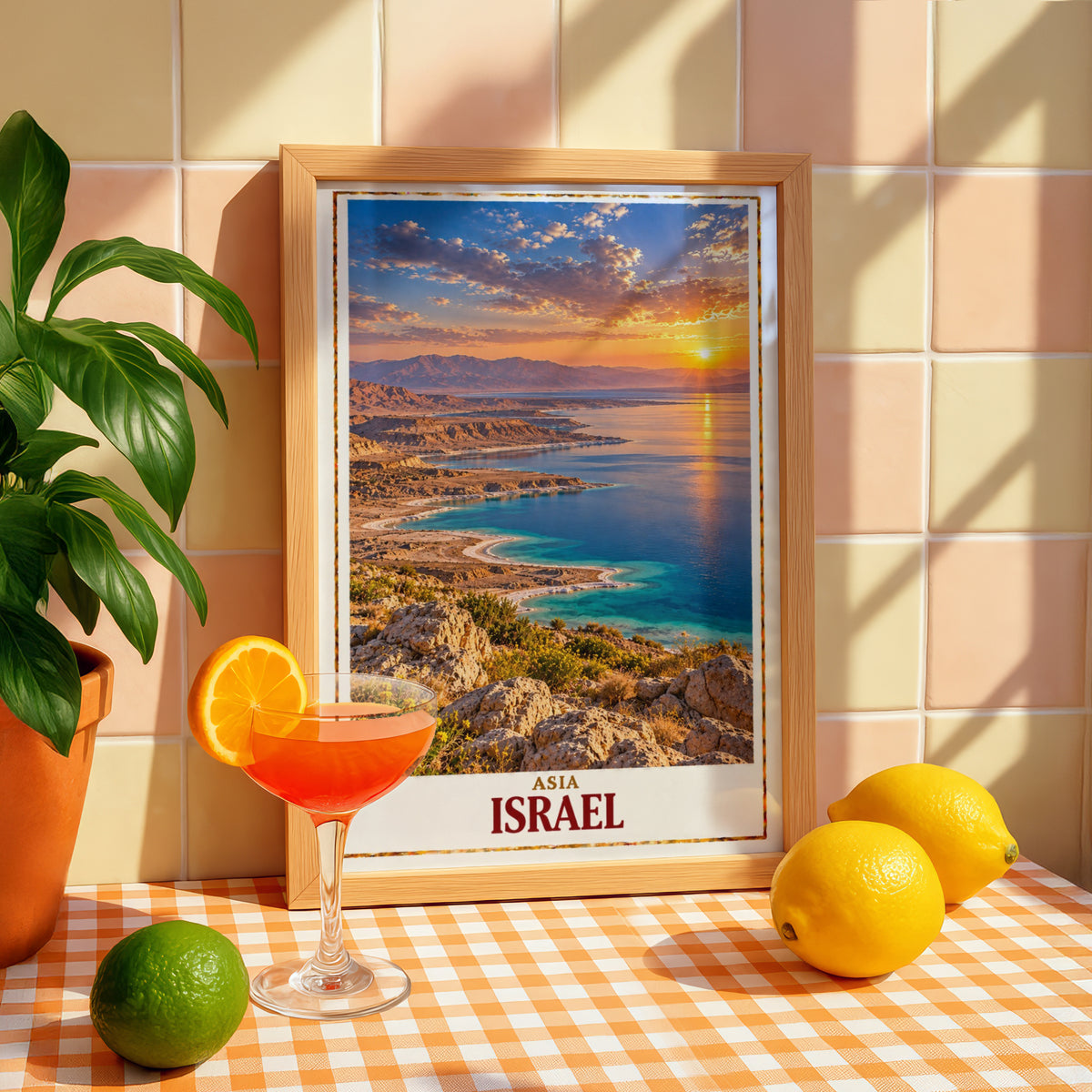 Israel Travel Poster, Dead Sea Sunset Wall Art, Middle East Landscape Print, Desert Coastline, Blue Water, Gift for Traveller, Home Decor