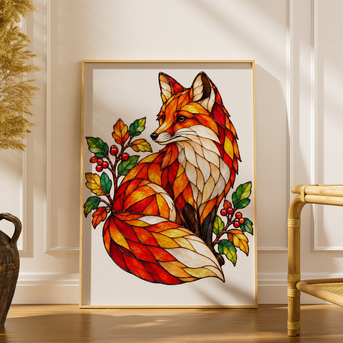 Stained Glass Fox Poster, Autumn Wildlife Wall Art, Red Orange Fox Print, Botanical Berry Decor, Nature Lover Gift, Living Room Art Poster