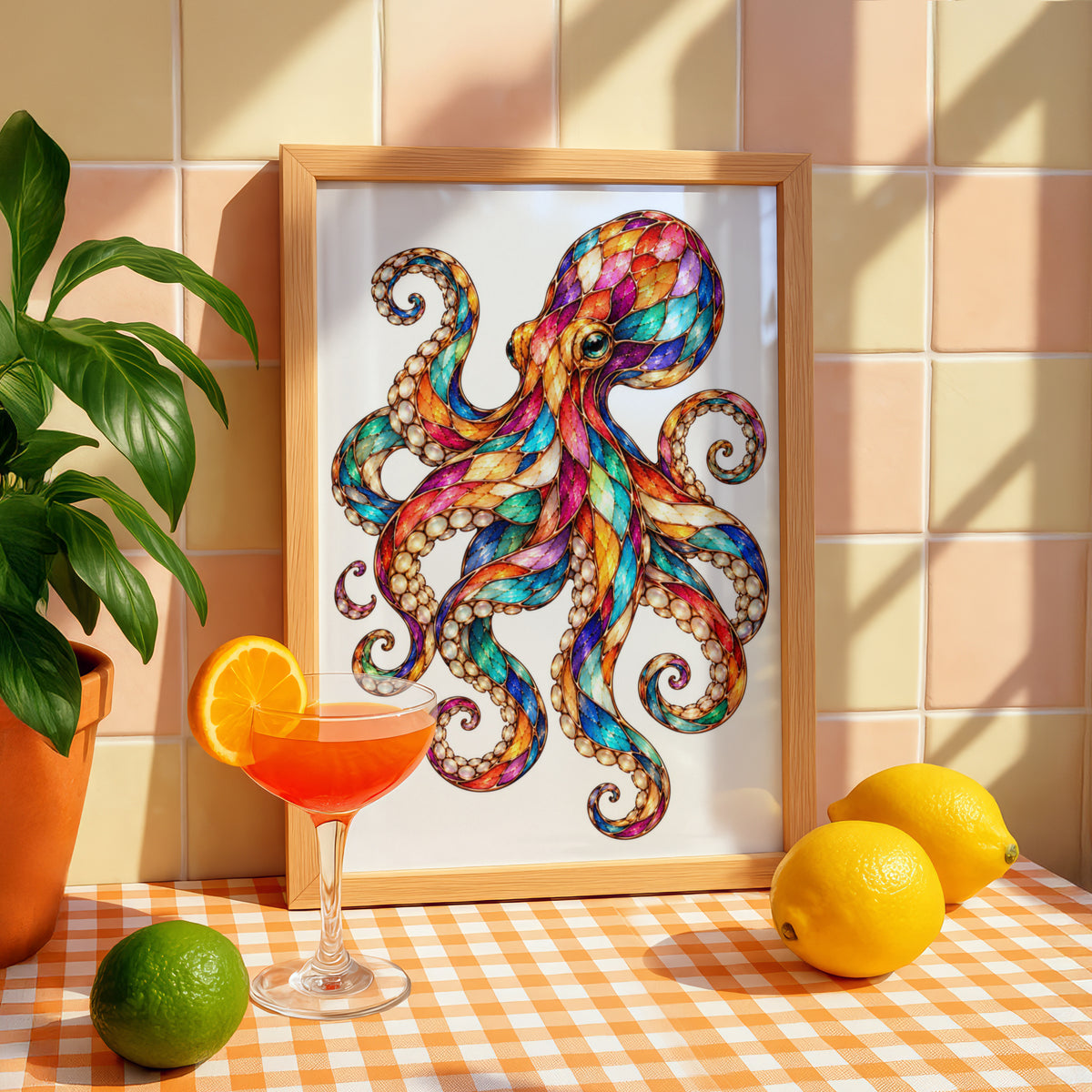 Colourful Octopus Poster, Stained Glass Style Wall Art, Jewelled Sea Creature Print, Ocean Animal Art, Boho Coastal Decor, Vibrant Fantasy