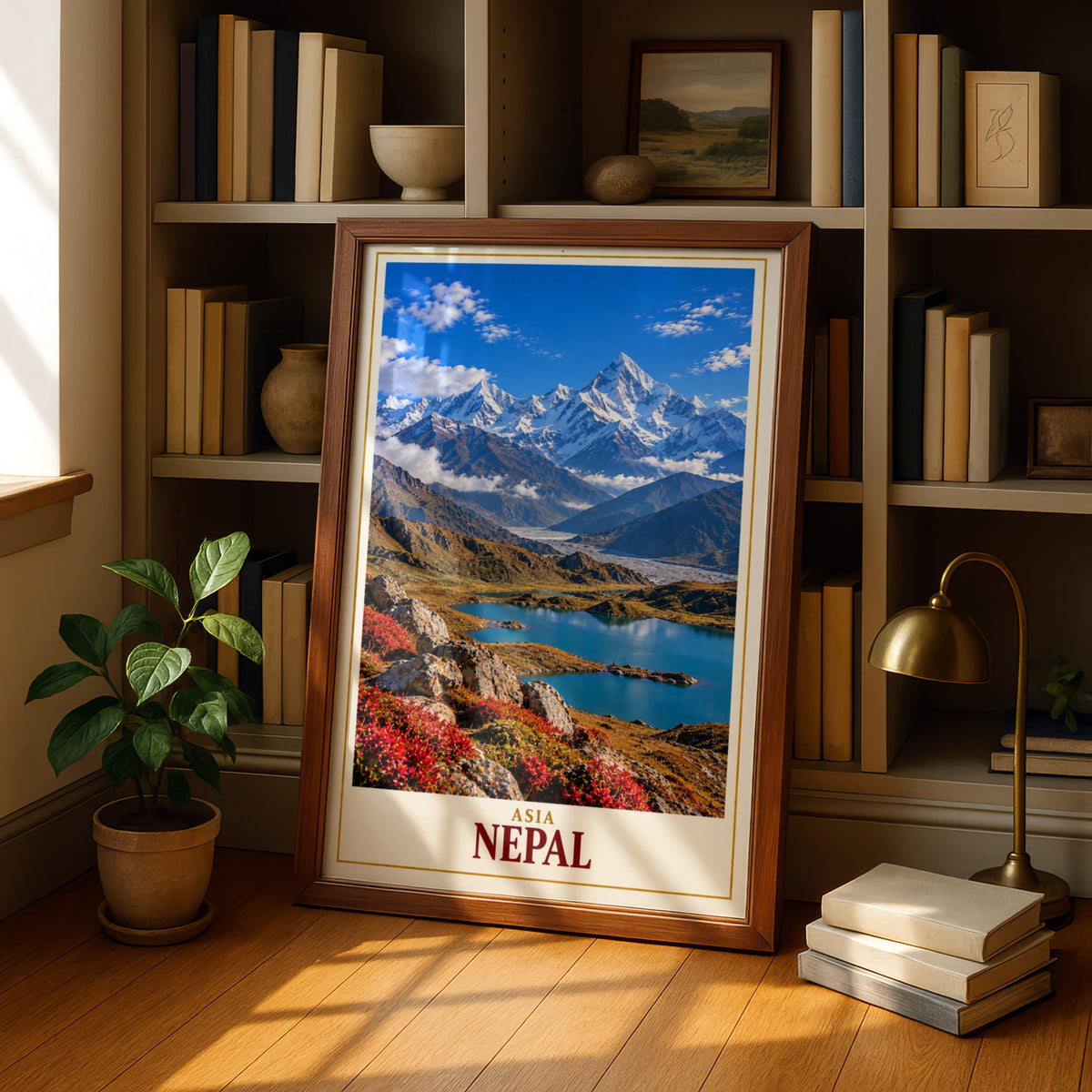 Nepal Travel Poster, Himalayan Mountain Lake Print, Asia Wall Art, Snow Capped Peaks Landscape, Trekking Gift, Adventure Home Decor Poster