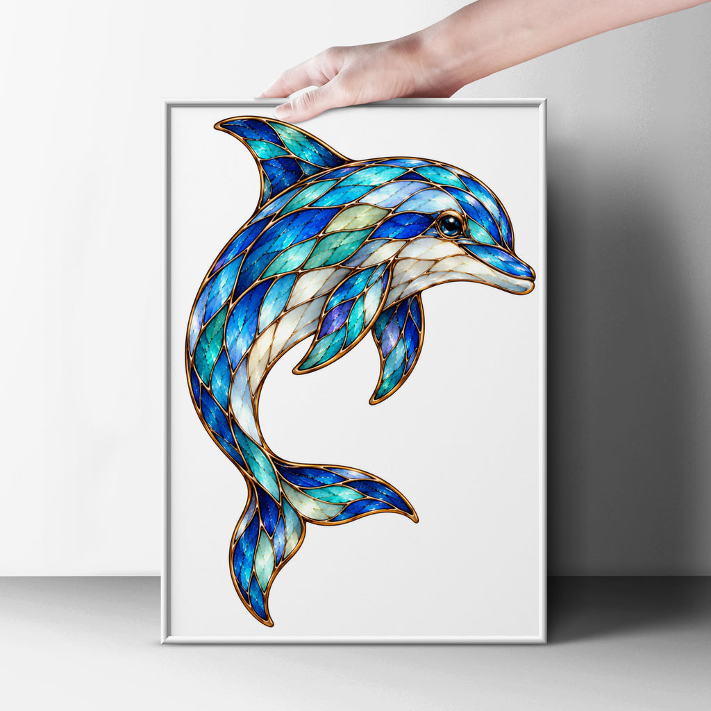 Stained Glass Dolphin Poster, Blue Teal Ocean Wall Art, Mosaic Style Dolphin Print, Coastal Nautical Decor, Marine Wildlife Art Gift