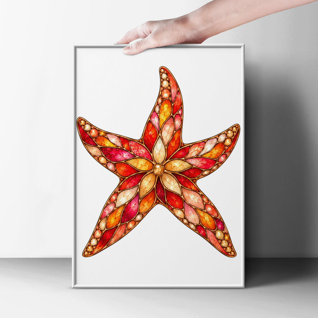 Jewelled Starfish Poster, Stained Glass Ocean Art Print, Red Orange Coastal Wall Art, Nautical Home Decor, Sea Creature Illustration