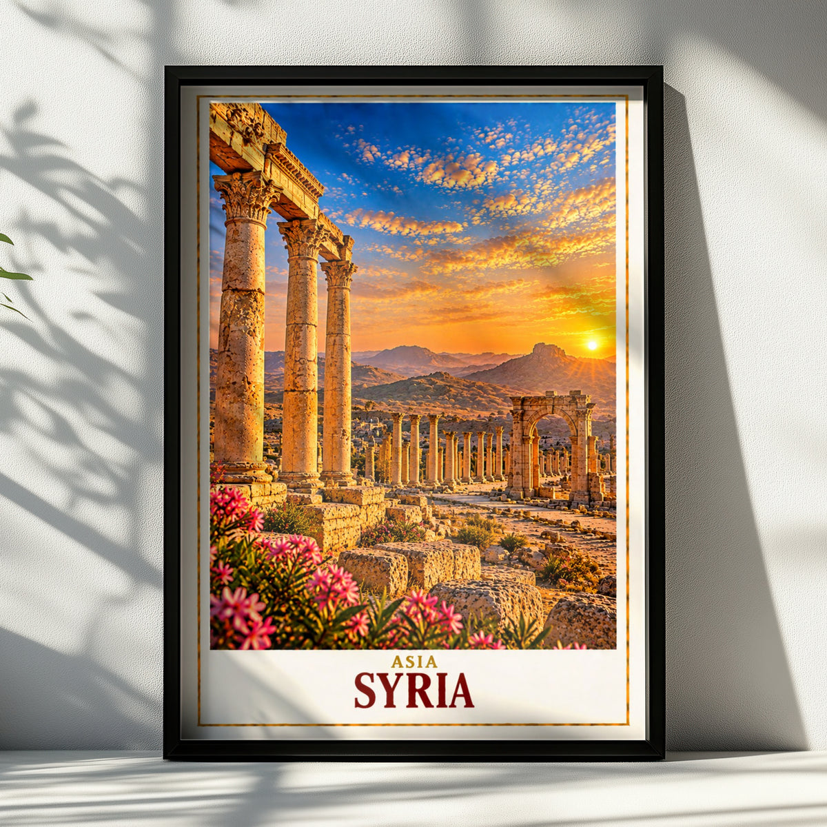 Syria Travel Poster, Palmyra Roman Ruins Wall Art, Ancient Columns Sunset Print, Middle East Archaeological Site, Historical Decor Gift