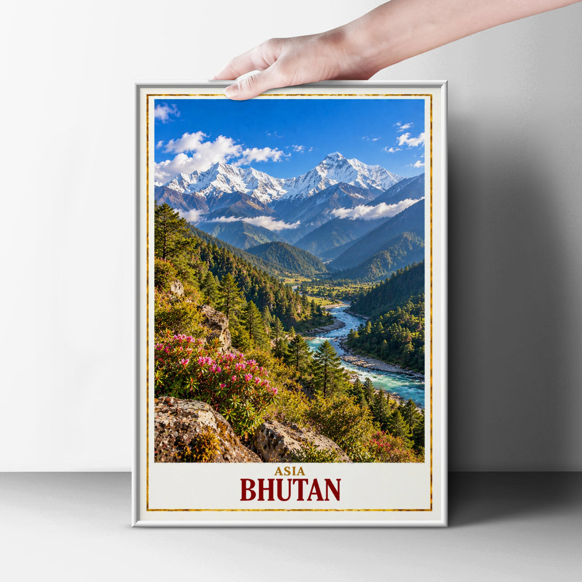 Bhutan Travel Poster, Himalayan Mountain Valley Wall Art, Asia Landscape Print, Turquoise River, Rhododendron, Adventure Home Decor Gift