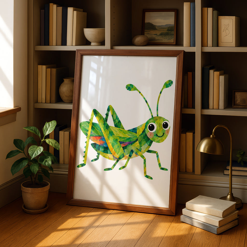 Colourful Grasshopper Poster, Cute Bug Wall Art for Kids, Children's Room Insect Print, Bright Green Collage Style Nursery Decor