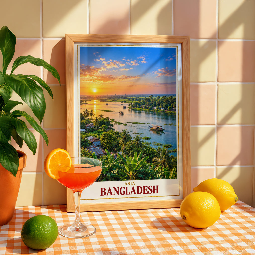 Bangladesh Travel Poster, River Sunset Wall Art, South Asia Tropical Landscape Print, Bengali Home Decor, Boat Scene, Golden Sky