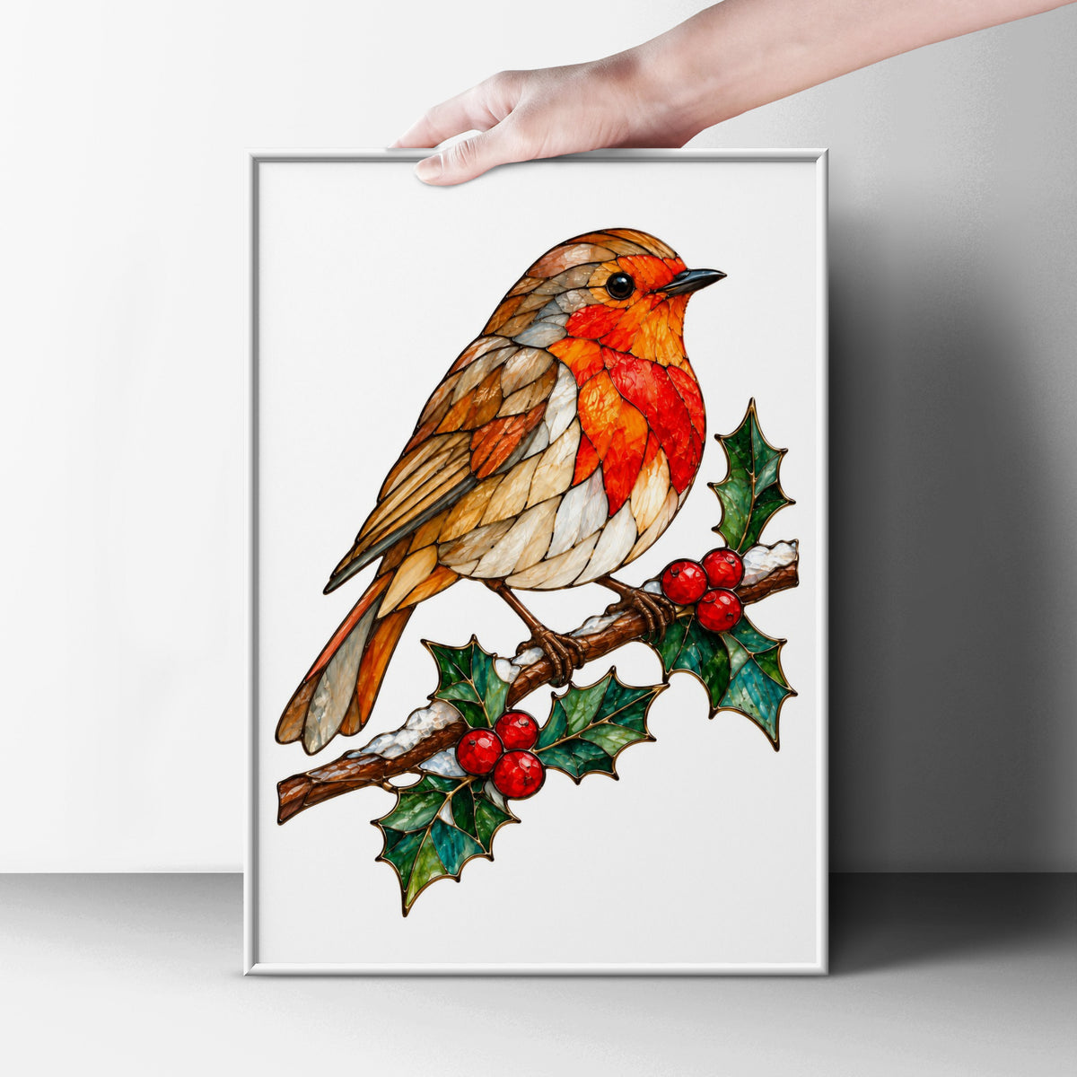 Robin on Holly Branch Stained Glass Style Poster, Christmas Robin Wall Art, Festive Bird Print, Traditional British Wildlife Decor