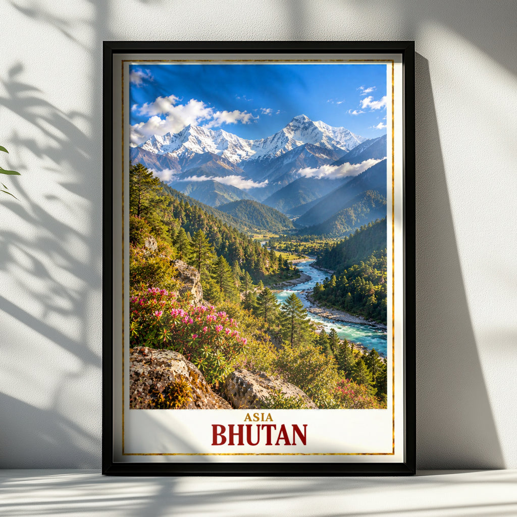 Bhutan Travel Poster, Himalayan Mountain Valley Wall Art, Asia Landscape Print, Turquoise River, Rhododendron, Adventure Home Decor Gift